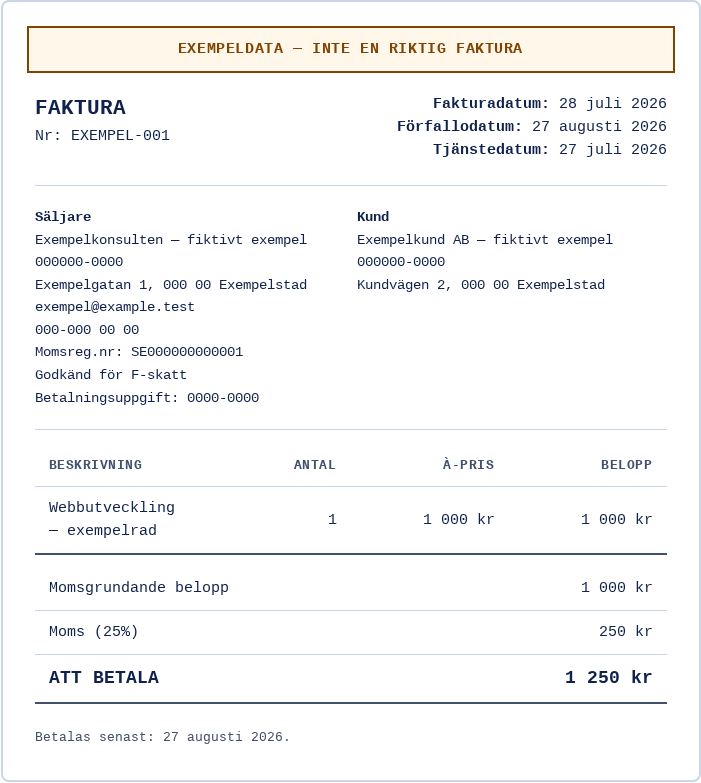 Fiktivt fakturautkast från Egen Kollen med exempeldata, en tjänsterad, 25 procent moms och totalsumman 1 250 kronor